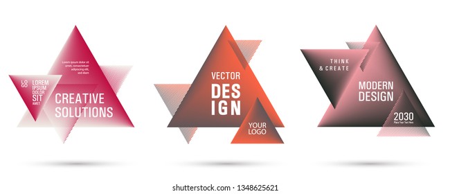 Gradient color triangle banners with halftone patterns on white background. Vector triangular geometric gradient shapes overlap banners set design. Abstract shapes composition. Triangle templates.