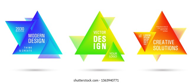 Gradient color triangle banners with halftone patterns on white background. Vector triangular geometric gradient shapes overlap banners set design. Abstract shapes composition. Triangle templates.