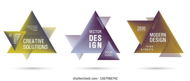 Gradient color triangle banners with halftone patterns on white background. Vector triangular geometric gradient shapes overlap banners set design. Abstract shapes composition. Triangle templates.