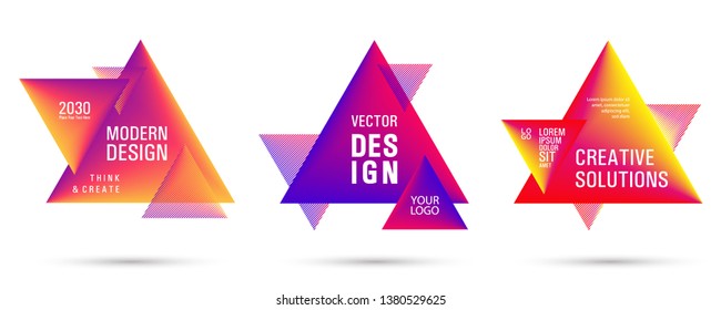 Gradient color triangle banners with halftone patterns on white background. Vector triangular geometric gradient shapes overlap banners set design. Abstract shapes composition. Triangle templates.