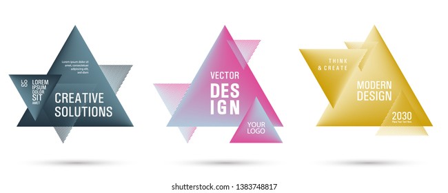 Gradient color triangle banners with halftone patterns on white background. Vector triangular geometric gradient shapes overlap banners set design. Abstract shapes composition. Triangle templates.