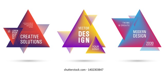 Gradient color triangle banners with halftone patterns on white background. Vector triangular geometric gradient shapes overlap banners set design. Abstract shapes composition. Triangle templates.