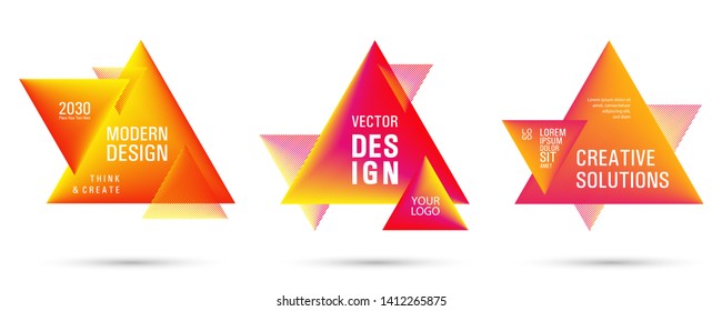 Gradient color triangle banners with halftone patterns on white background. Vector triangular geometric gradient shapes overlap banners set design. Abstract shapes composition. Triangle templates.