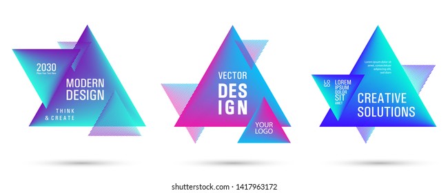 Gradient color triangle banners with halftone patterns on white background. Vector triangular geometric gradient shapes overlap banners set design. Abstract shapes composition. Triangle templates.