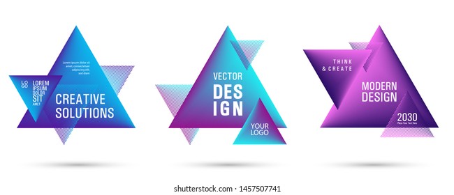 Gradient color triangle banners with halftone patterns on white background. Vector triangular geometric gradient shapes overlap banners set design. Abstract shapes composition. Triangle templates.