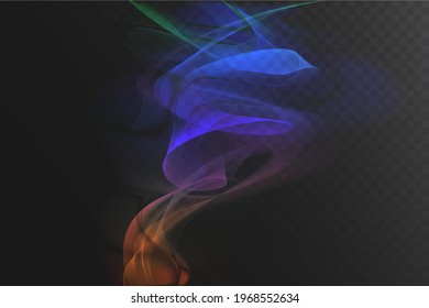 Gradient color wave flow, abstract effect vector illustration. Dynamic spectrum smoke curve and wavy motion, artistic fluid energy stream design element isolated on transparent dark background
