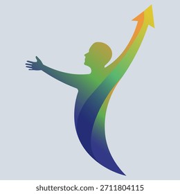 Silueta humana abstracta de color degradado que se eleva con una flecha hacia arriba, que representa la aspiración y el logro.