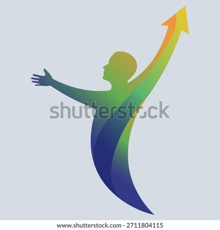 Gradient colored abstract human silhouette rising with an upward arrow, representing aspiration and achievement.