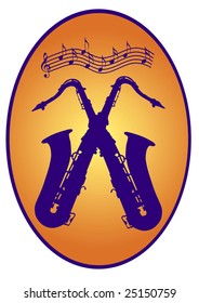 gradient colored badge with crossed saxophones and notes above