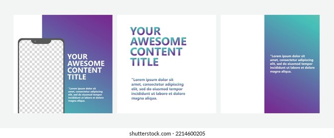 Plantilla de vector de post en medios sociales de color degradado. Publicación de tres páginas estilo microblog con espacio de imagen con pantalla de teléfono como marco.