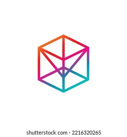 Gradient colored cube logo with upside down pyramid inside. Suitable for apps, technology, brand, company, and business.