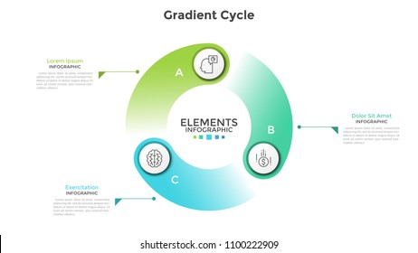 Gradient colored cyclical diagram with 3 round elements, thin line symbols, letters and text boxes. Concept of production cycle visualization. Modern infographic design template. Vector illustration.