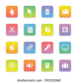 gradient colored flat computer and technology icon set on rounded rectangle for web design, user interface (UI), infographic and mobile application (apps)