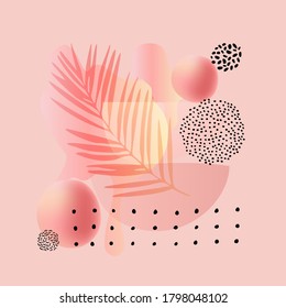 Gradient colored geometric forms and flowing liquid shapes, palm leaf. Abstract banner, template in gold rose color, for the design of a cover, flyer or social media post. Vector background