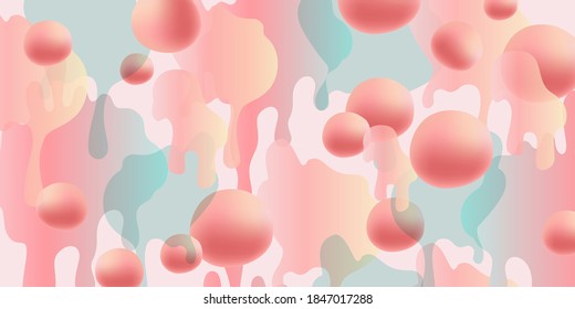 Gradient colored geometric forms and flowing liquid shapes. Dripping blots, paint drips, staines, drops abstract pattern in pastel color. Vector background