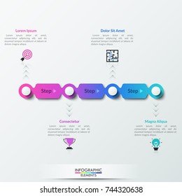 Gradient colored horizontal chain consisted of 4 circular links and play buttons between them. Modern infographic design template. Vector illustration for website interface, multimedia presentation.