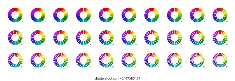 Gradient colored pie chart templates. Bright vibrant infographic donut graphs. Vector diagram wheel for multiple section circle. 3, 4, 5, 6 parts of ring