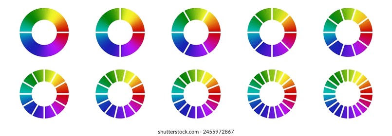 Farbverlauf farbige Tortendiagramm-Vorlagen. Helle lebendige Infografik Donut-Grafiken. Vektorgrafik-Diagrammrad für einen Kreis mit mehreren Abschnitten. 3, 4, 5, 6 Teile Ring