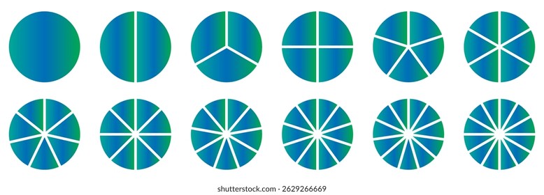 Gradient colored pie chart templates. Bright vibrant infographic donut graphs. Vector diagram wheel for multiple section circle.4, 5, 6 parts of ring. Vector illustration isolated on white background.