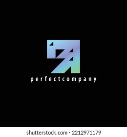Gradient colored square vector logo with various sizes negative space triangles. A logo isolated on black background.