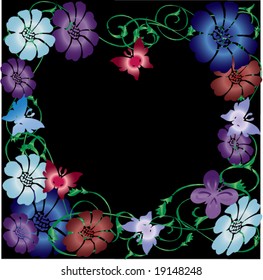 gradient colored vector flowers, butterflies and vines on black