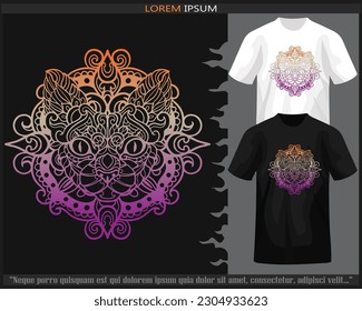 Gradient Colorful cat head mandala arts isolated on black and white t shirt.
