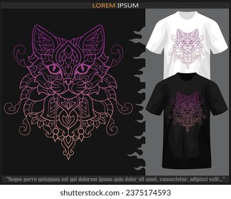 Gradient Colorful Cat head mandala arts isolated on black and white t shirt.