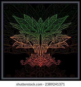 Gradient Colorful chlorophytum amaniense plant mandala arts isolated on black background.