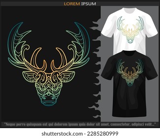 Gradient colorful deer head mandala arts isolated on black and white t shirt.