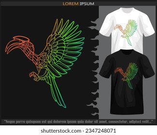 Gradiente Colorful Hornbill artes mandala aisladas en camisetas blancas y negras.