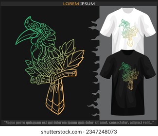 Gradiente Colorful Hornbill artes mandala aisladas en camisetas blancas y negras.