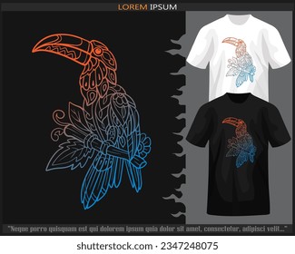 Gradiente Colorful Hornbill artes mandala aisladas en camisetas blancas y negras.