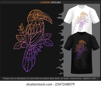 Gradiente Colorful Hornbill artes mandala aisladas en camisetas blancas y negras.