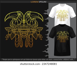 Gradiente Colorful Hornbill artes mandala aisladas en camisetas blancas y negras.