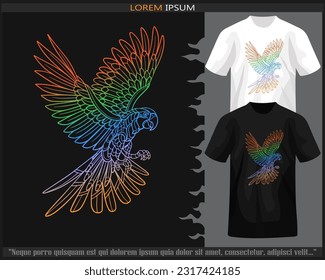 Gradient Colorful macaw bird mandala arts isolated on black and white t shirt.