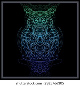 Gradient Colorful Owl bird mandala arts isolated on black background.