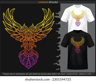 Gradient Colorful Phoenix bird mandala arts isolated on black and white t shirt.