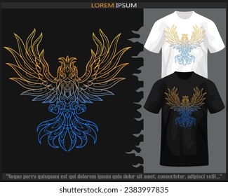 Gradiente Colorful Phoenix pájaro mandala arte aislado en camiseta blanca y negra.