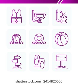 Gradient colorful summer web icon set, outline icon set, beach ball, glasses and swimsuit
