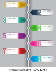 Gradient colorful time line, text box, number.
