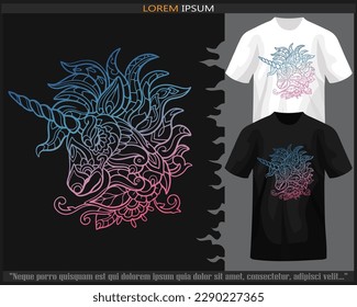 gradient Colorful unicorn head mandala arts illustration isolated on black and white t shirt.