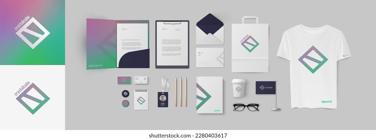 Gradient colorful violet   green corporate identity design and square logo   pack brandign elements  Envelope  folder  letterhead A4   business card 