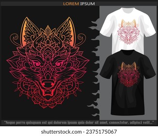 Gradient Colorful Wolf head mandala arts isolated on black and white t shirt.