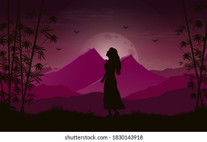 Gradient colors mountains with bamboo tree and alone girl landscape background