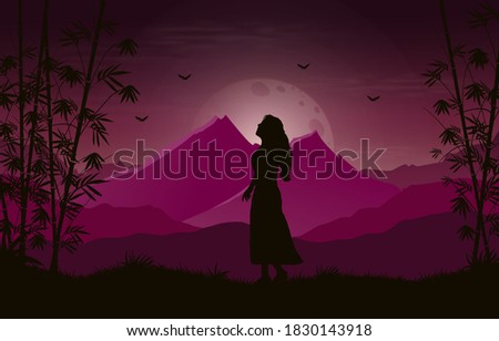 Gradient colors mountains with bamboo tree and alone girl landscape background
