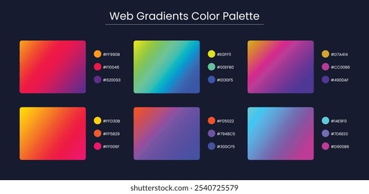 Cor do gradiente, Paleta de cores, Amostras em RGB, Cores HEX, Paleta de pintura, Cores brilhantes em códigos HEX, arquivo de vetor.