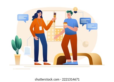 Gradient concept Interview with people scene in the flat cartoon design. Journalists ask interesting questions to a famous person. Vector illustration.