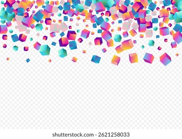Gradient Confetti Vector Transparent Background. Rainbow Graphic Cube Pattern. Shiny Element Image. Holographic Rhombus Metal Brochure.