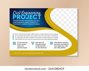Gradient construction project webinar page web banner. combination of blue gradient and gold colors on elements isolated on white background. horizontal layout with space for photo and infographic. 