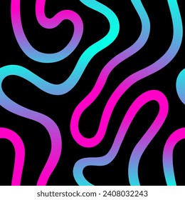 Gradient continuous endless twisted, wriggling curved line seamless repeat vector pattern. Liquid fluid funky groovy ornament, trendy background. Doodle, uneven hand drawn wavy stripe. Black backdrop